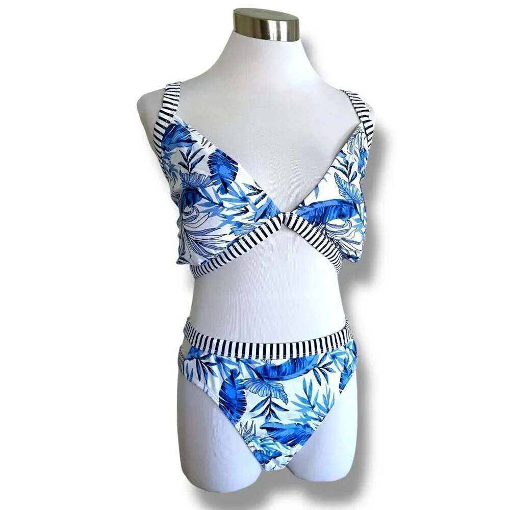 No Boundaries Womens Bikini Plus Sz XL 3X Blue White Palm Print Cut Out Swimsuit